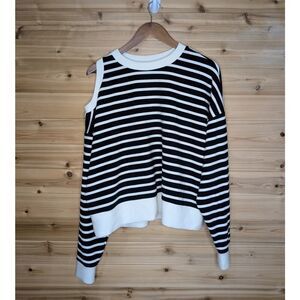 Spanx Top Womens Large Black White Stripe Airessentials Cold Shoulder Loungewear